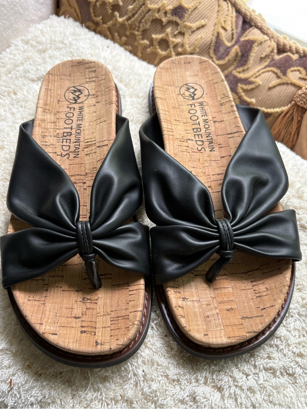 White Mountain Black Bow Cork Footbed Slide Sandals